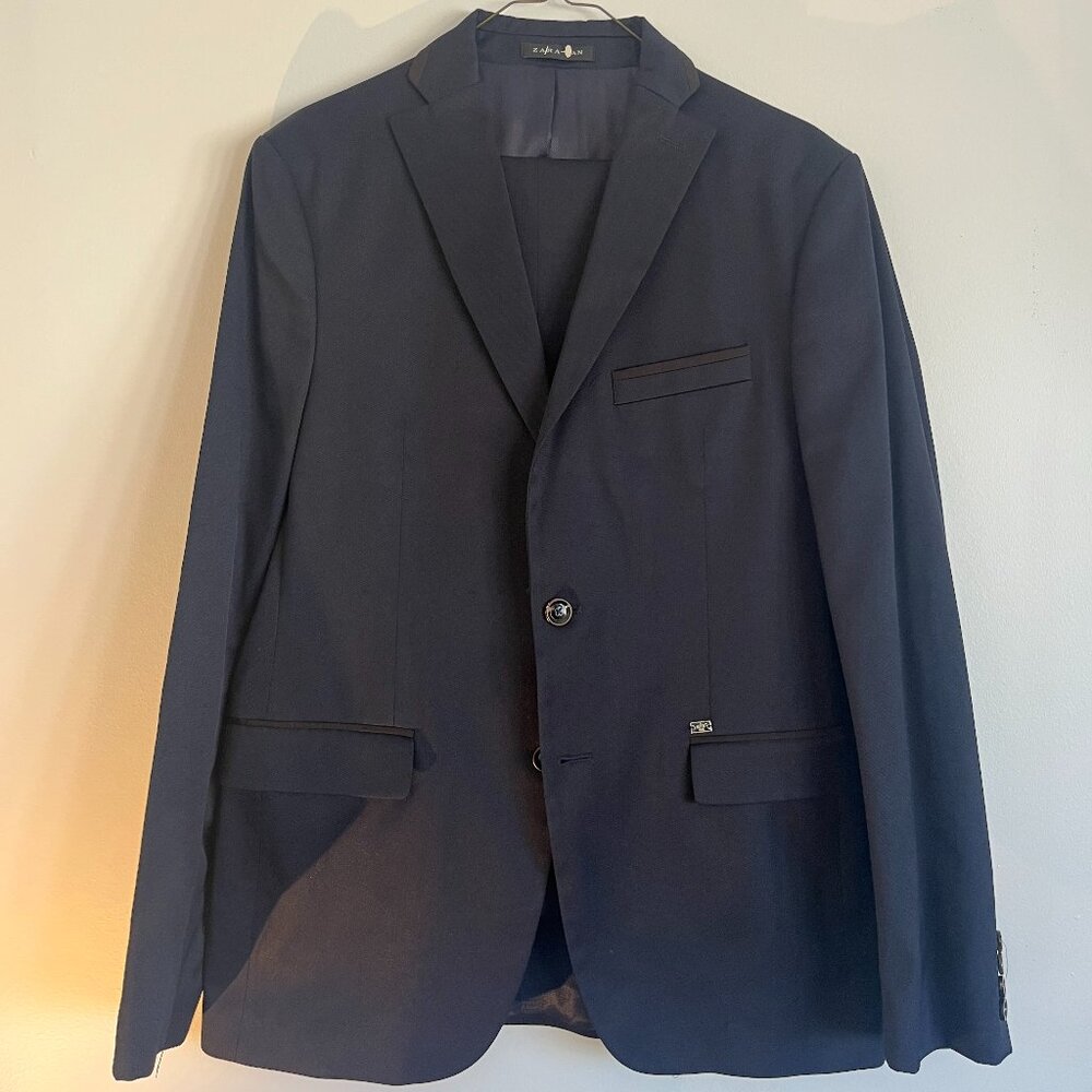 Zara Navy Suit 40R Men's Black Piping Trim Stretch Cotton Slim Fit